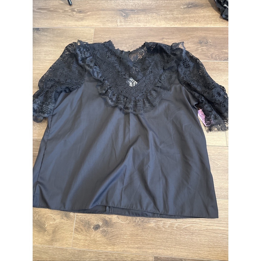 New Square Up Fashions Black Lace Trim Dance Top Puff Sleeve Ruffle XL Goth